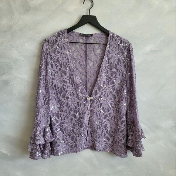 Jessica Howard Orchid Purple Lace Sheer Shimmery Peplum Sleeve Cardigan No Size - Picture 1 of 9